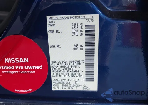 2020 Nissan Altima S Fwd from USA, damaged, VIN 1N4BL4BV4LC231413